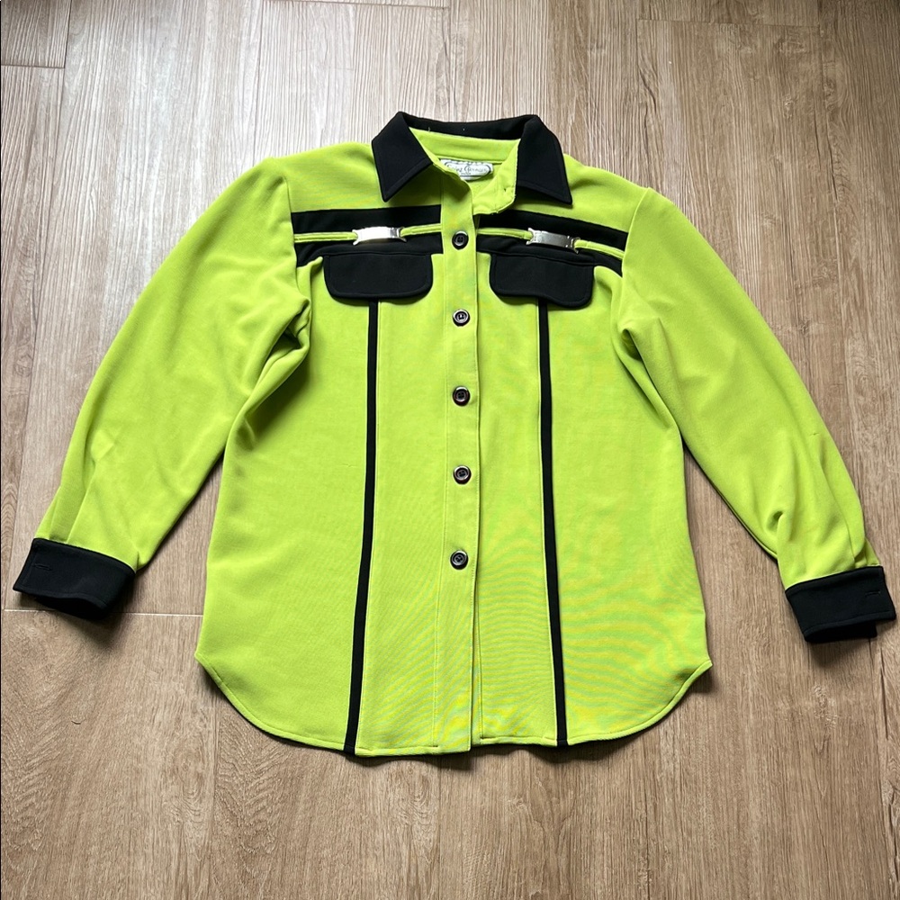 Saint Germain Paris Bright Green Button Down Shirt with Black Size Extra Small